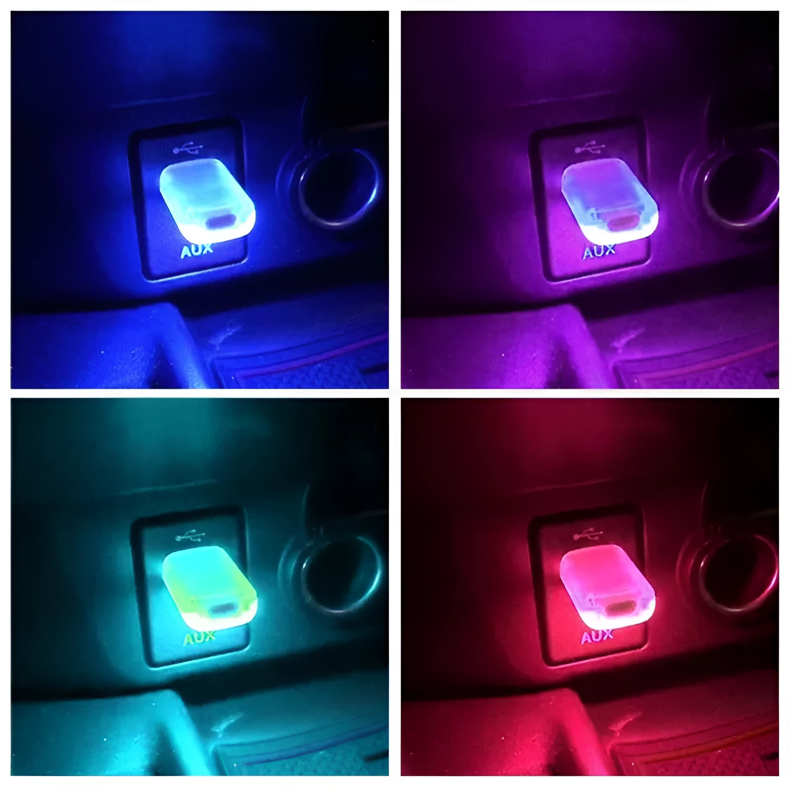 USB car night light with multiple colour modes for atmosphere, U-disk shape, flame-retardant ABS and metal construction