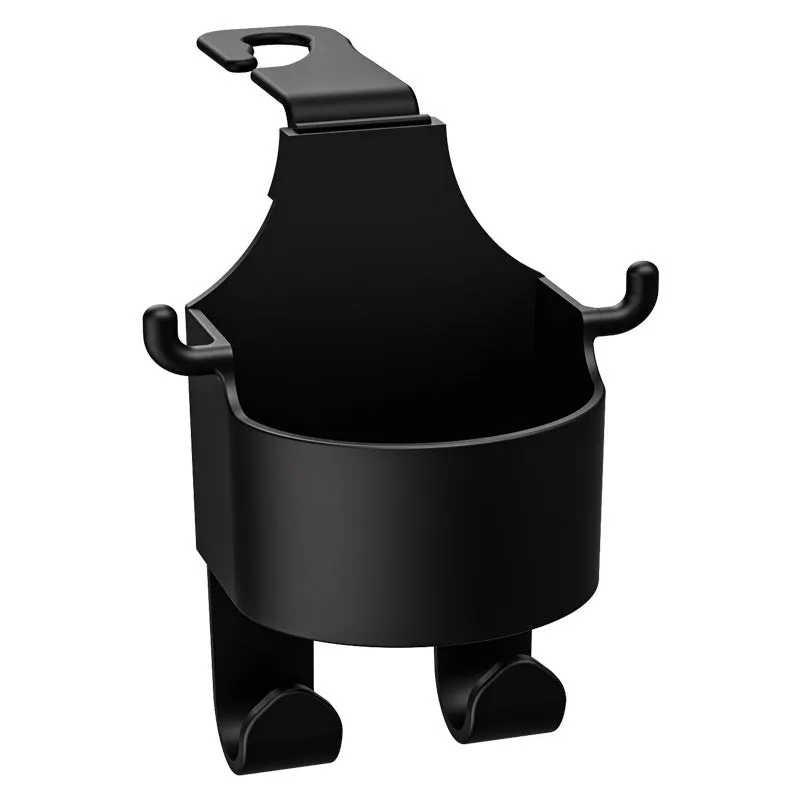 Black plastic car seat back organiser with cup holder and hook.