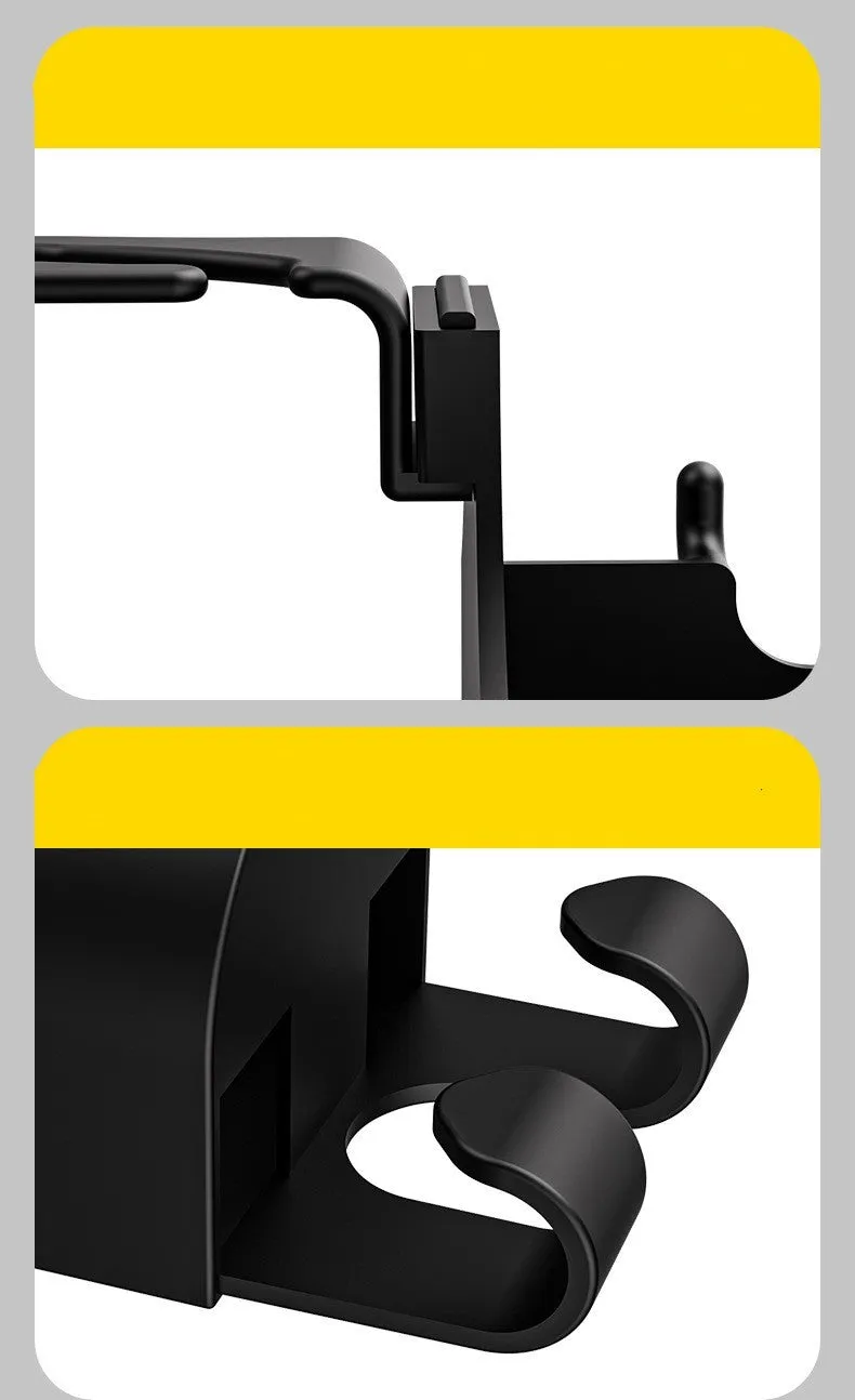 Black plastic car seat back organiser with cup holder and hook.