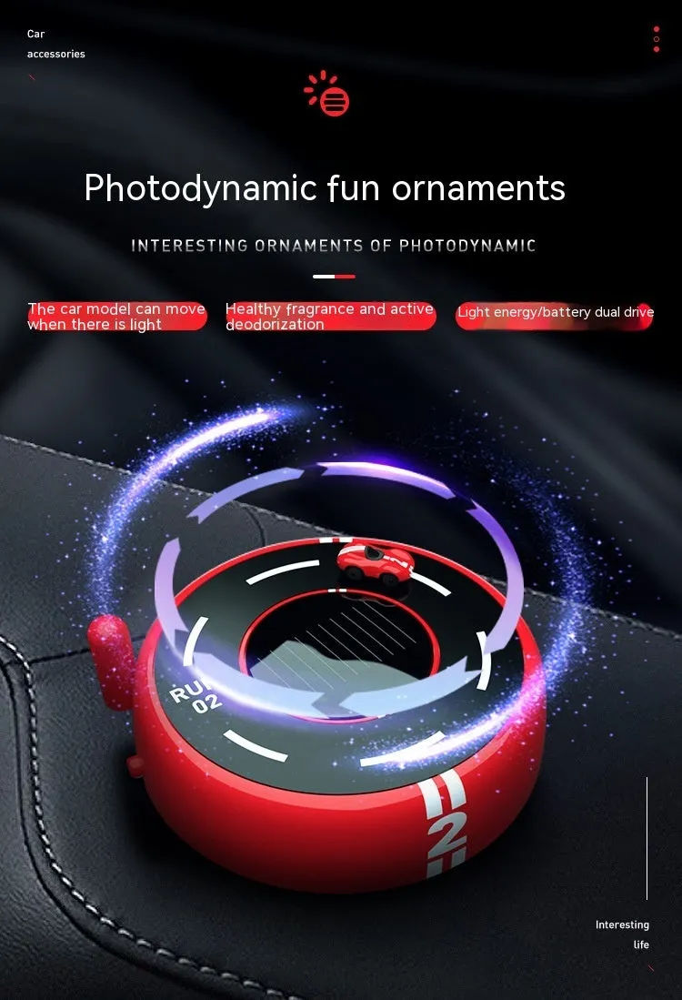Round solar-powered car aromatherapy decoration with ambient light in black, red, or white colours