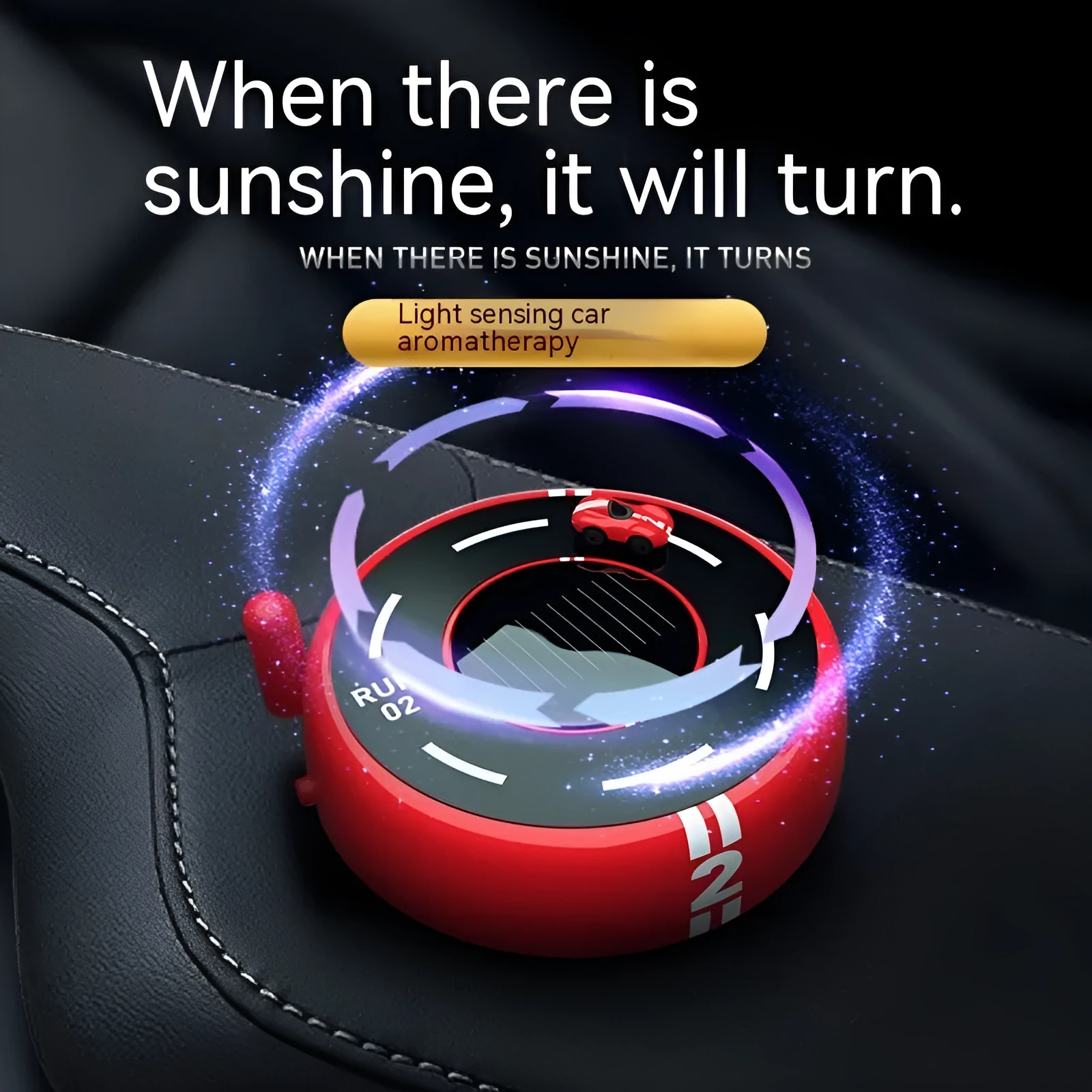 Round solar-powered car aromatherapy decoration with ambient light in black, red, or white colours
