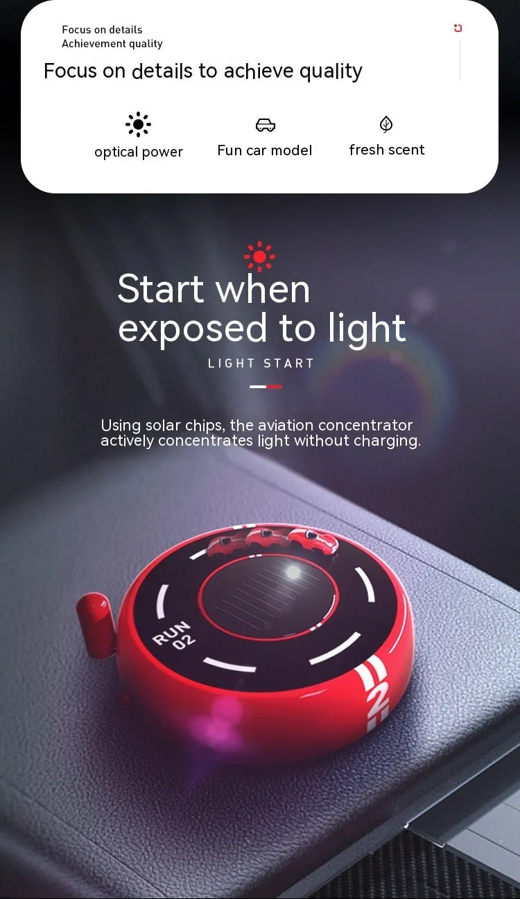 Round solar-powered car aromatherapy decoration with ambient light in black, red, or white colours