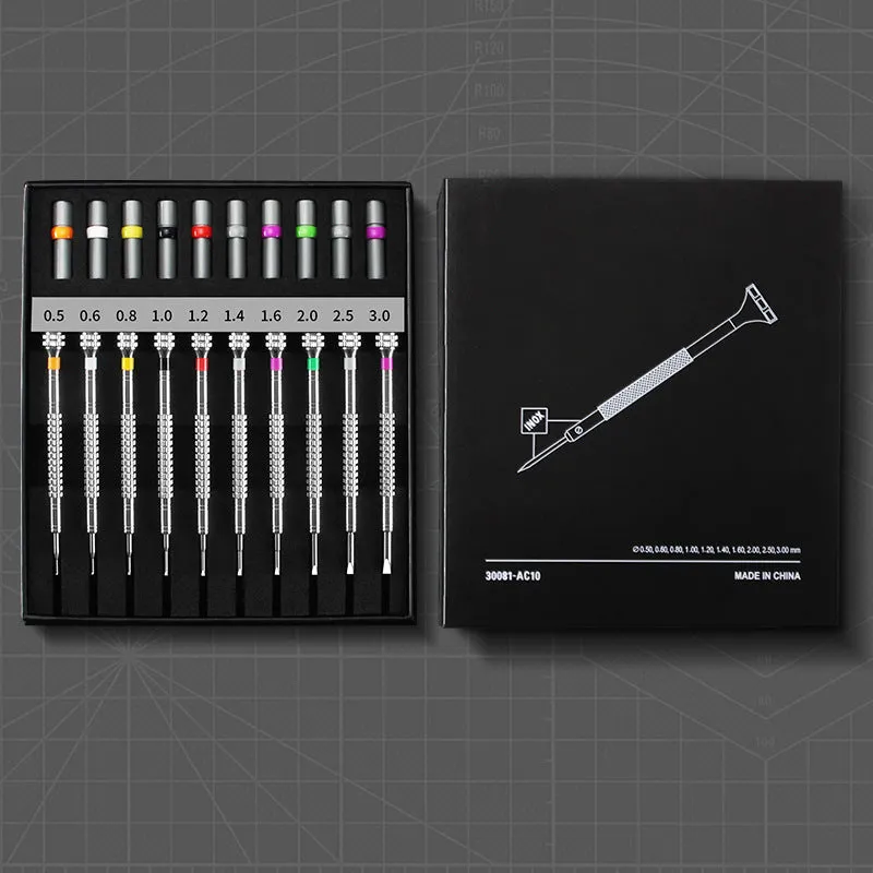 10-piece manual screwdriver set for watch and glasses repair with spare drill bits.