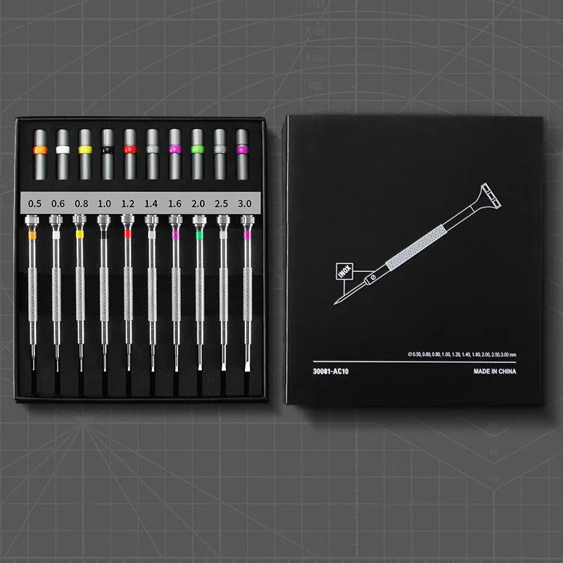 10-piece manual screwdriver set for watch and glasses repair with spare drill bits.