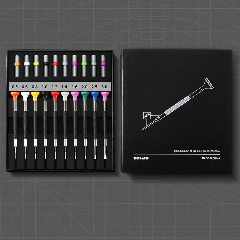 10-piece manual screwdriver set for watch and glasses repair with spare drill bits.