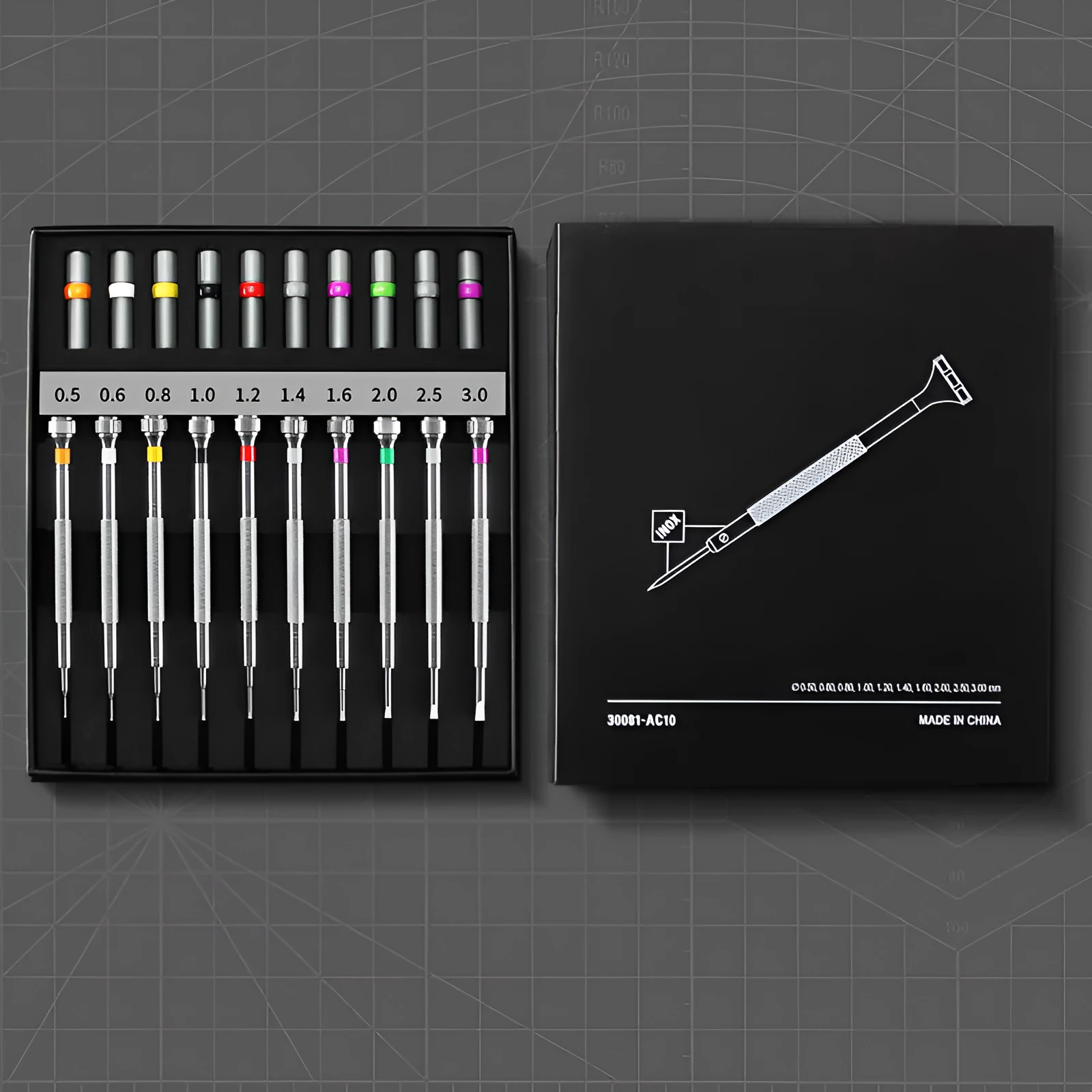 10-piece manual screwdriver set for watch and glasses repair with spare drill bits.