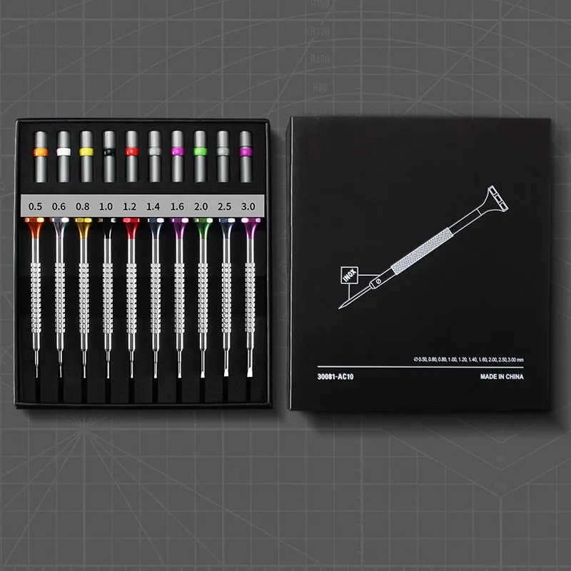 10-piece manual screwdriver set for watch and glasses repair with spare drill bits.
