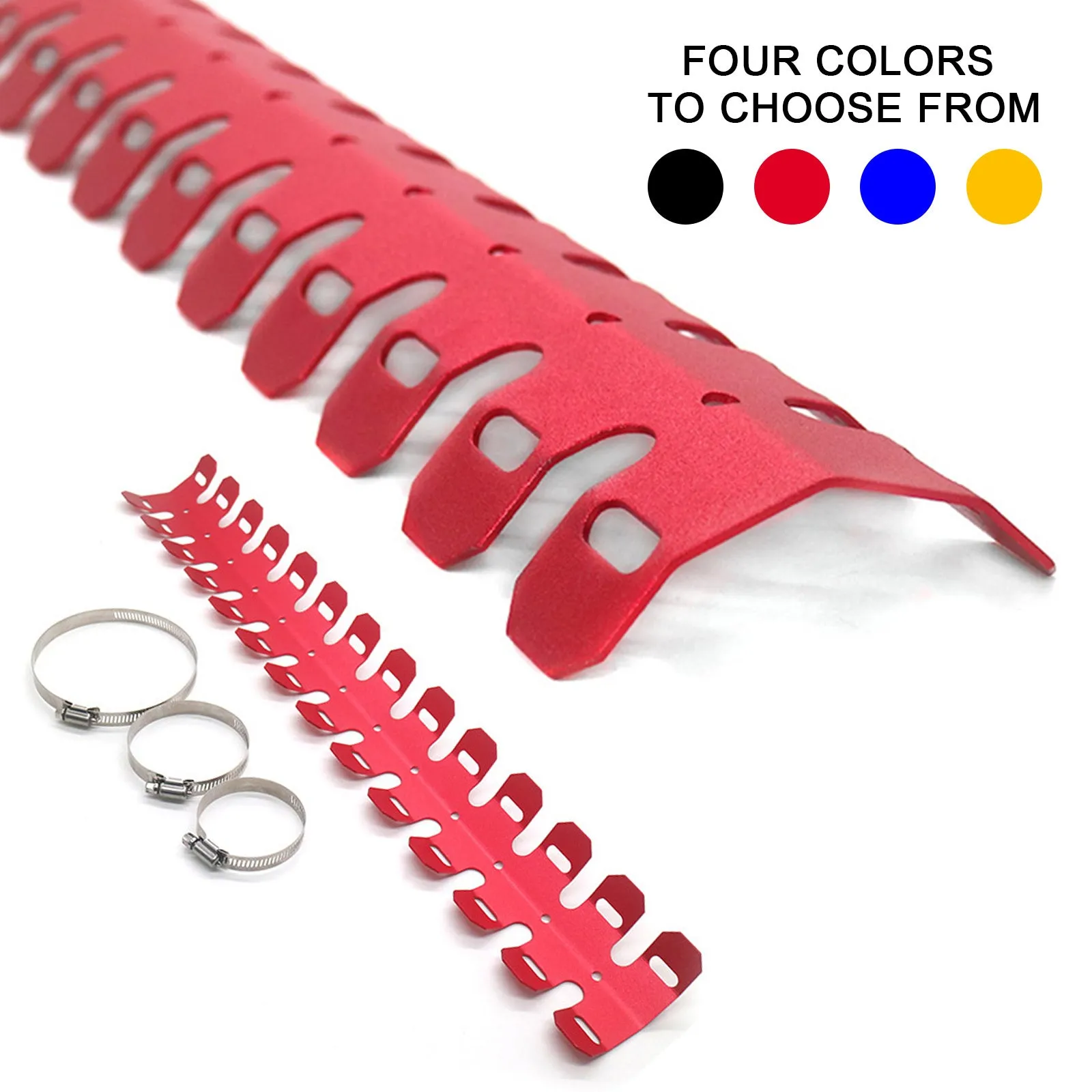 Aluminium alloy motorcycle exhaust heat shield 60cm long in red with cable tie and buckle fittings