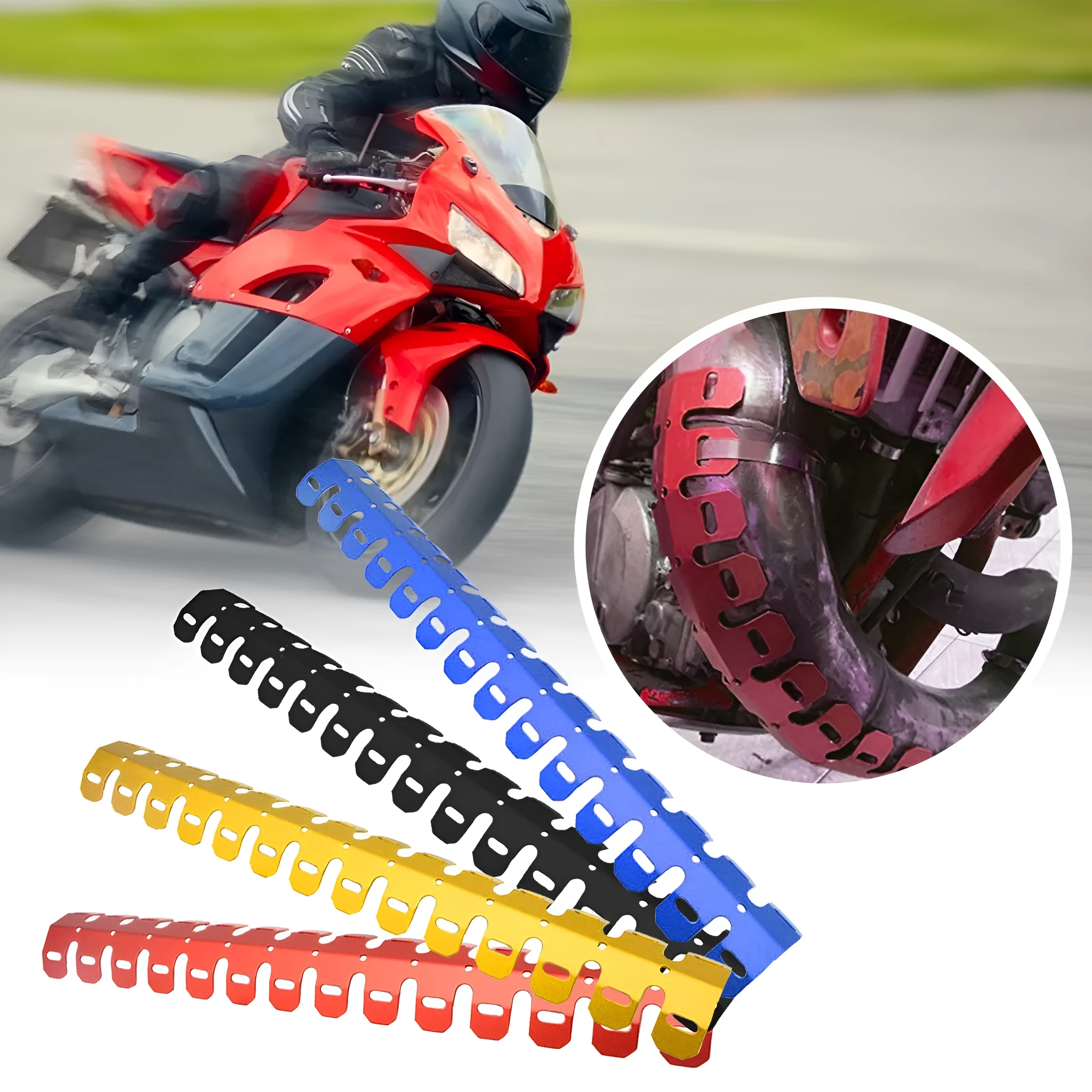 Aluminium alloy motorcycle exhaust heat shield 60cm long in red with cable tie and buckle fittings