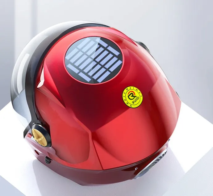 Solar smart helmet ABS+ in black on a black background showing solar panel and LED light