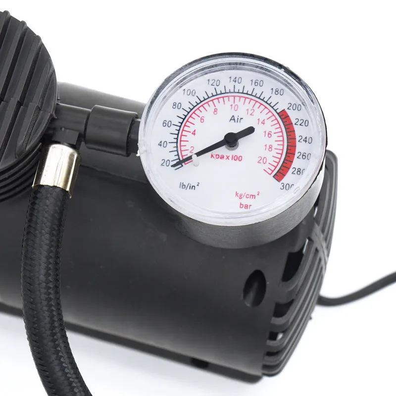 Mini 12V car air compressor in black with pressure gauge and 9-foot cord