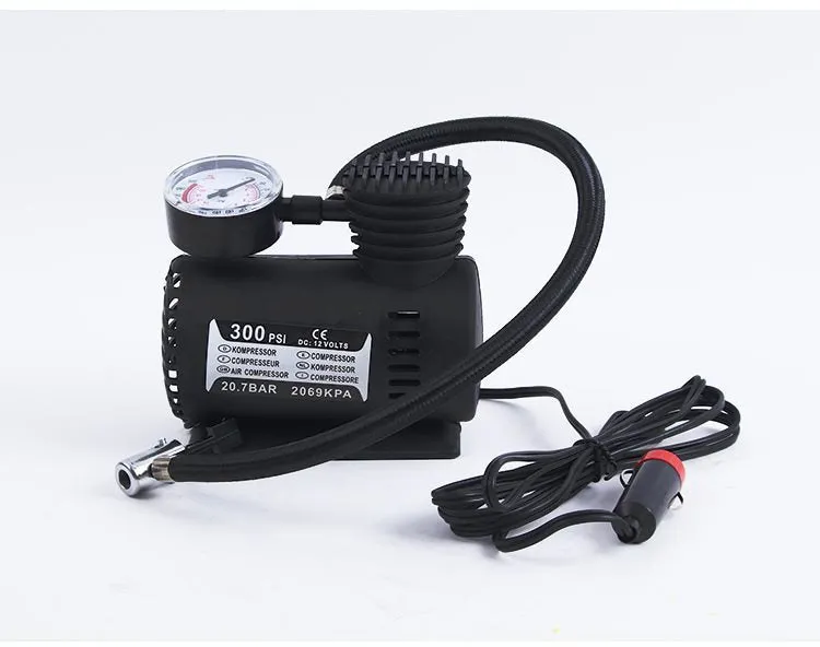 Mini 12V car air compressor in black with pressure gauge and 9-foot cord