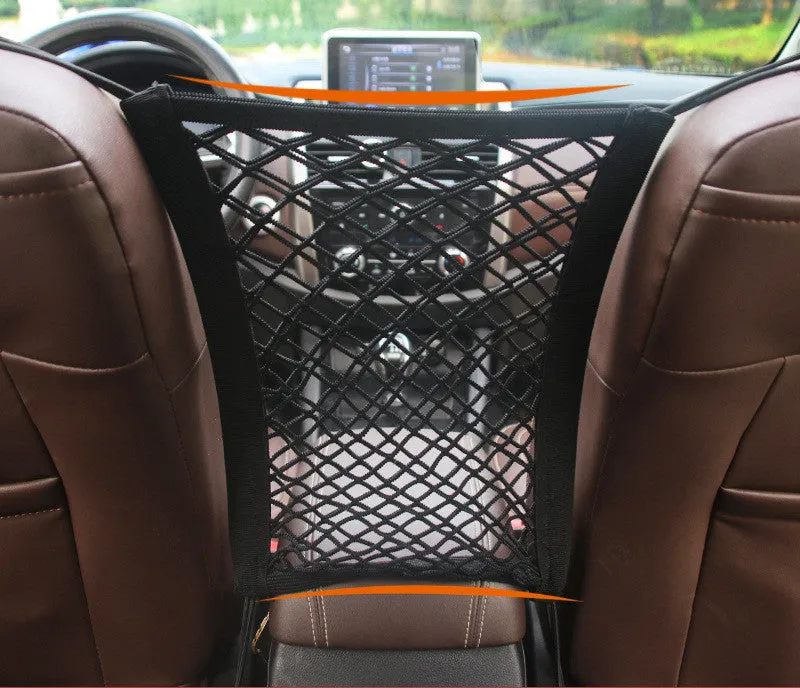 Nylon car seat storage net pocket 27x39x10cm in black, fitted between front seats