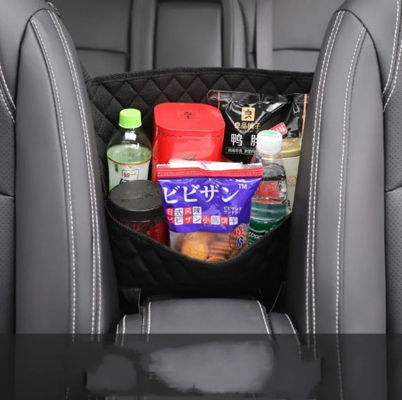 Nylon car seat storage net pocket 27x39x10cm in black, fitted between front seats
