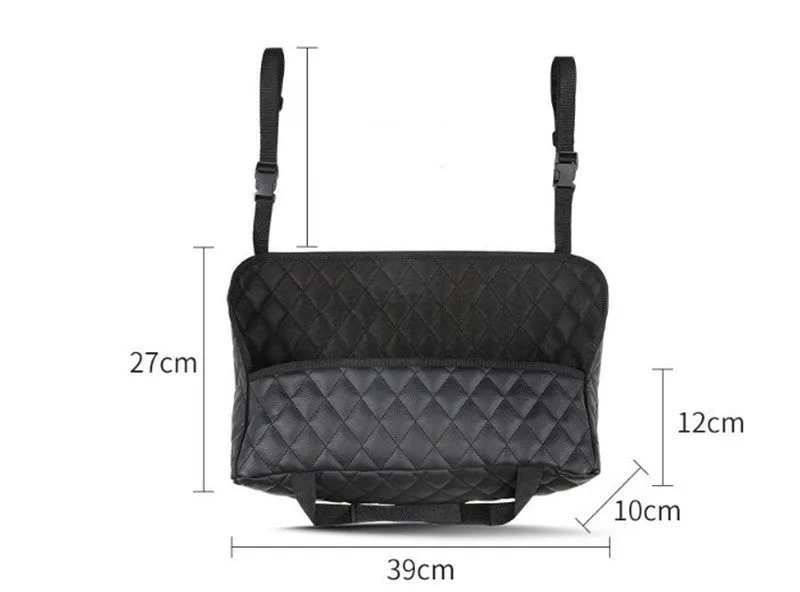 Nylon car seat storage net pocket 27x39x10cm in black, fitted between front seats