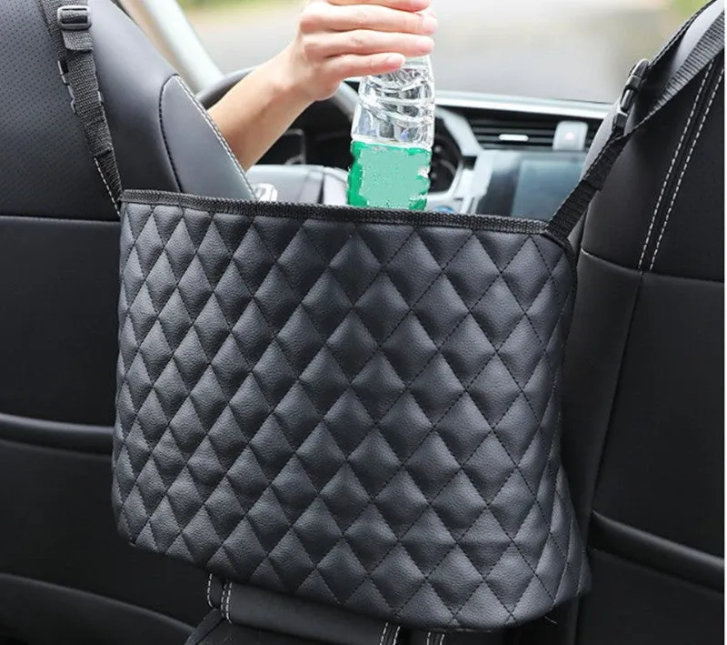 Nylon car seat storage net pocket 27x39x10cm in black, fitted between front seats
