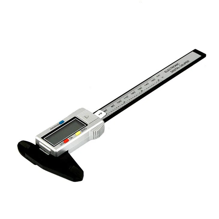 Digital vernier caliper with metal casing, stainless steel guide track, and LCD display showing measurement