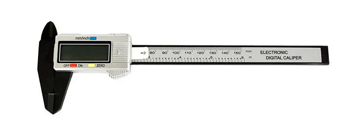 Digital vernier caliper with metal casing, stainless steel guide track, and LCD display showing measurement
