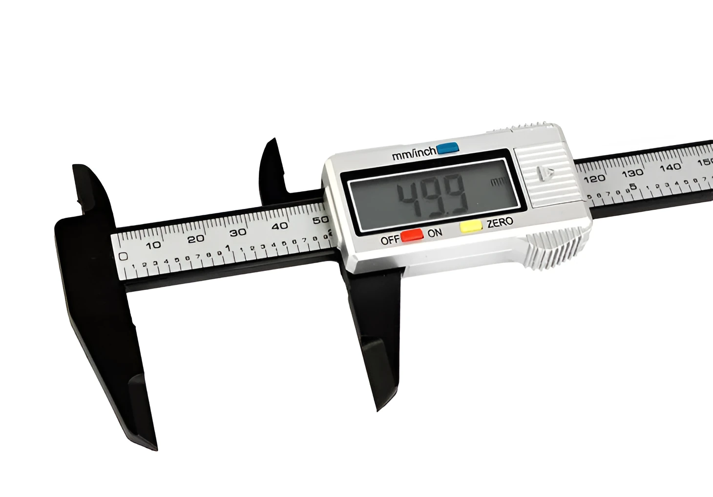 Digital vernier caliper with metal casing, stainless steel guide track, and LCD display showing measurement
