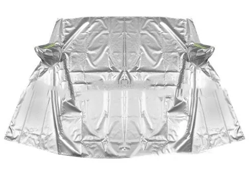 Car windshield frost cover in black/silver, 169x238cm, fitted over windscreen with edges tucked inside car doors
