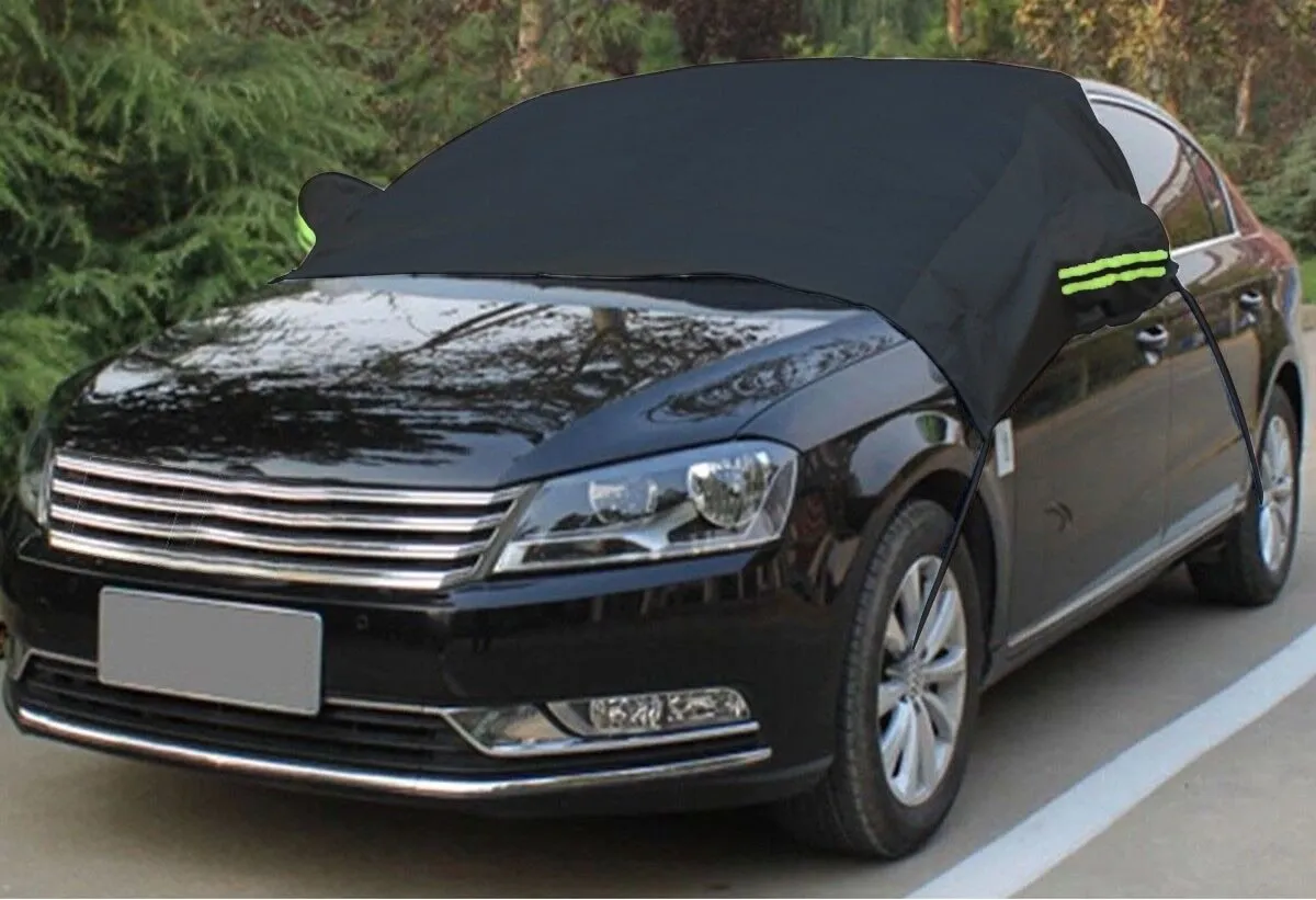 Car windshield frost cover in black/silver, 169x238cm, fitted over windscreen with edges tucked inside car doors