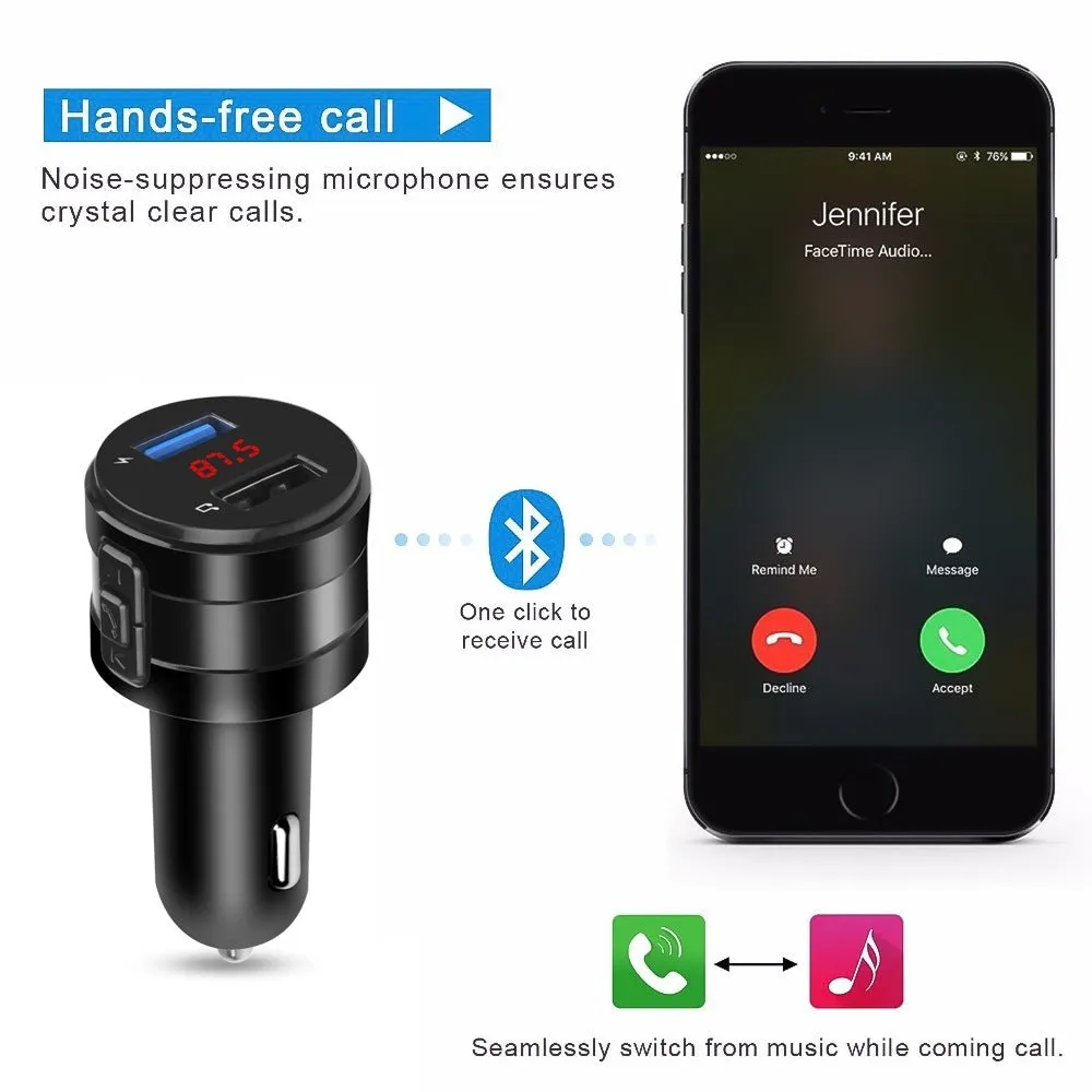 Car Bluetooth hands-free FM transmitter black with 1.2-inch monochrome screen and USB TF interfaces for MP3 playback