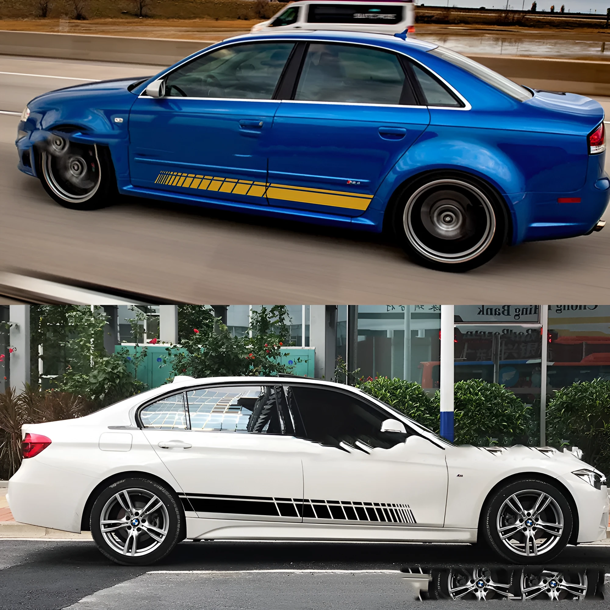 Modified rear gear car body sticker in striped PVC design, 150cm by 9cm, available in eight bright colours for scratch protection