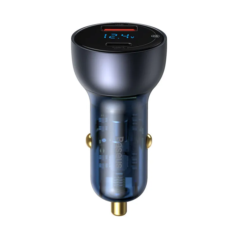 PD car charger with metal body, 50g weight, black colour option, on white background