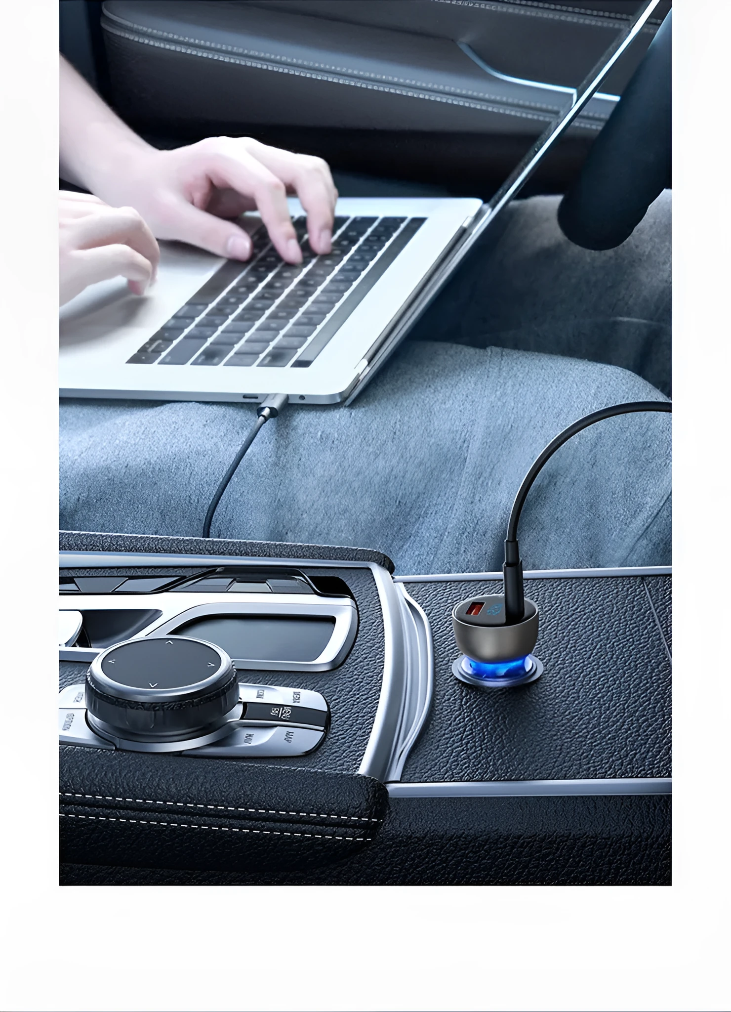 PD car charger with metal body, 50g weight, black colour option, on white background