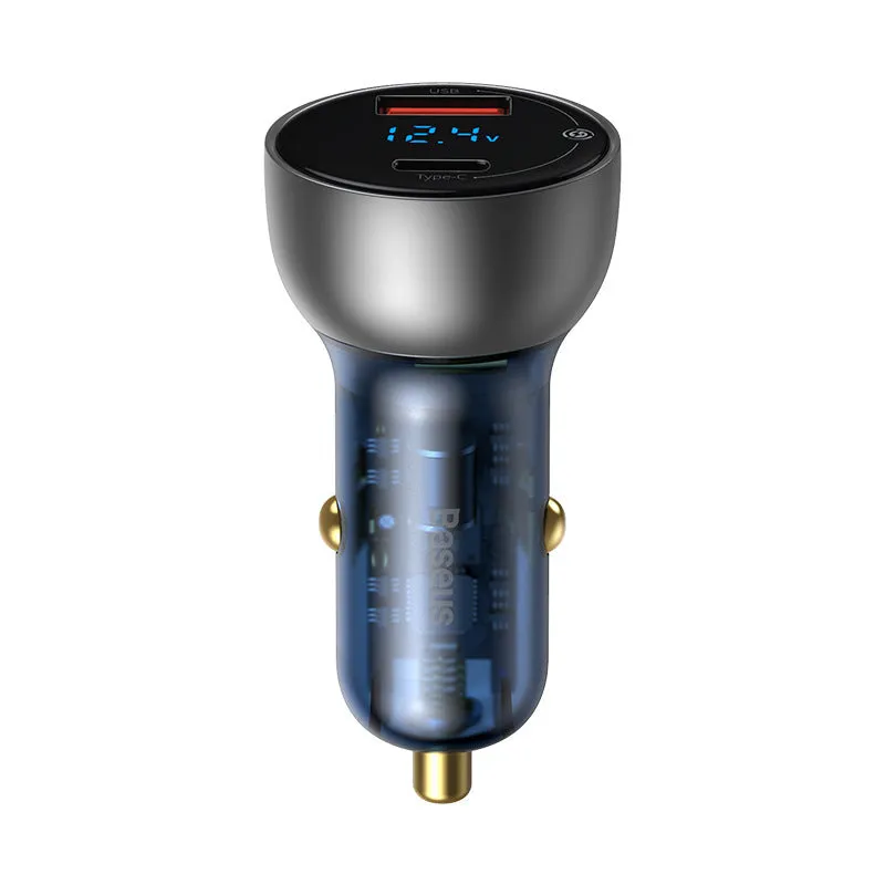 PD car charger with metal body, 50g weight, black colour option, on white background