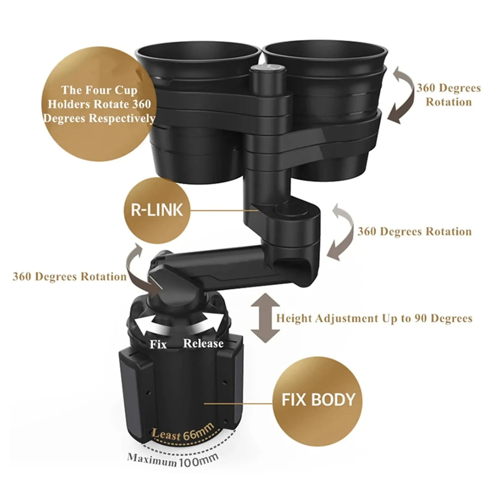 Car cup holder with wireless charging board, ABS and polyurethane construction, fits dashboard area