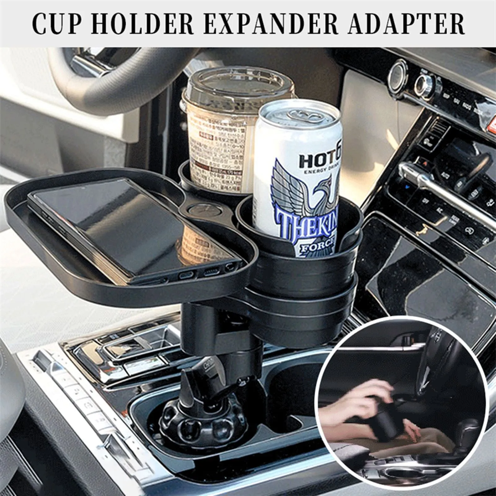 Car cup holder with wireless charging board, ABS and polyurethane construction, fits dashboard area