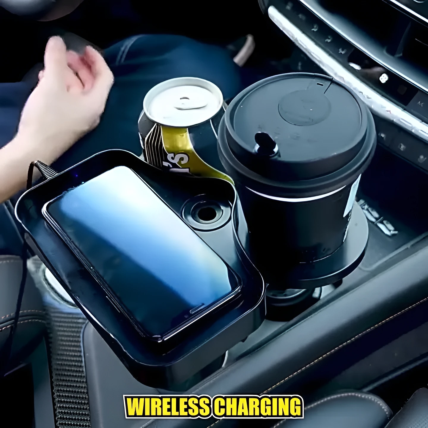 Car cup holder with wireless charging board, ABS and polyurethane construction, fits dashboard area