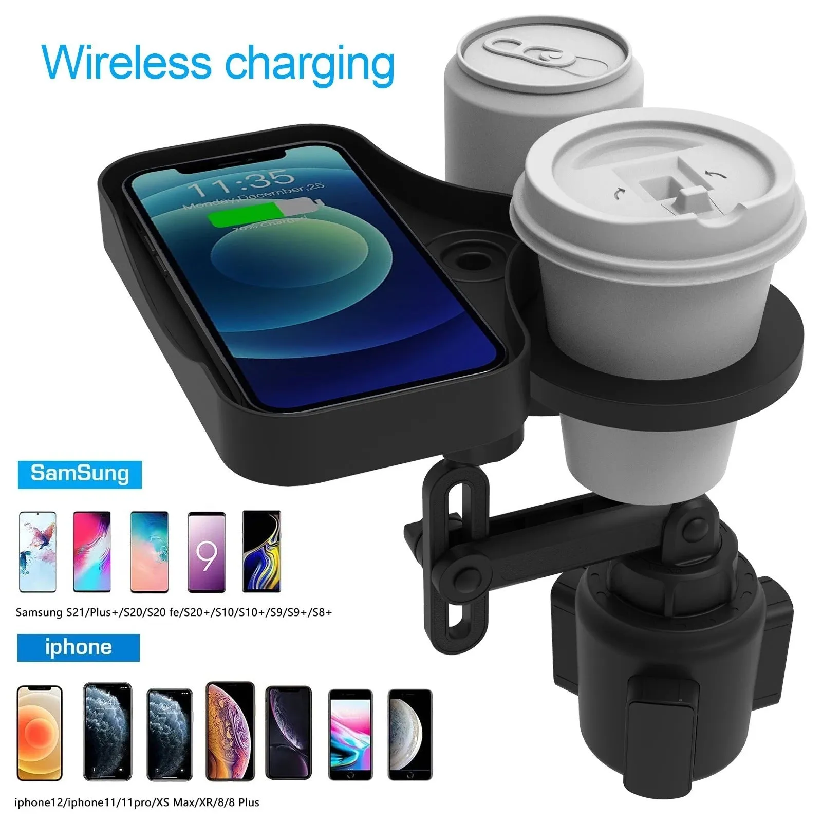 Car cup holder with wireless charging board, ABS and polyurethane construction, fits dashboard area