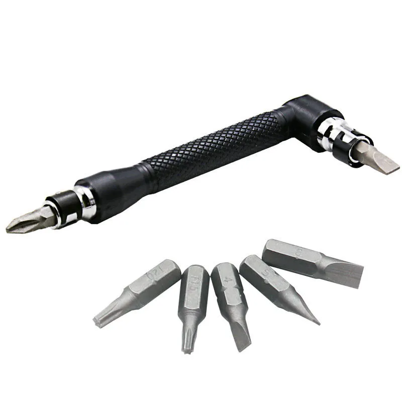 L-shaped double-headed socket wrench with ten screwdriver bits on white background