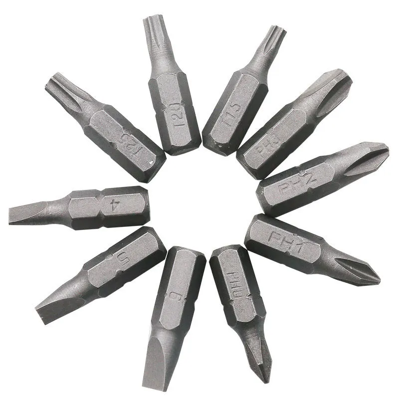 L-shaped double-headed socket wrench with ten screwdriver bits on white background