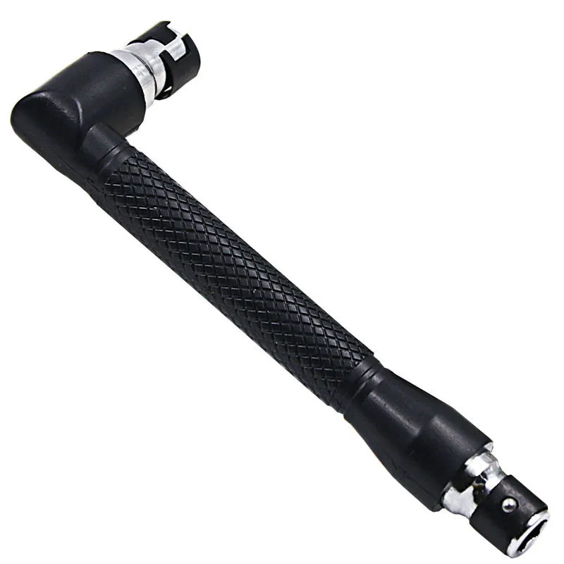L-shaped double-headed socket wrench with ten screwdriver bits on white background