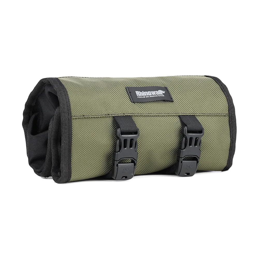 Motorcycle repair kit storage organiser in black, unfolded to show elastic straps and mesh zipper bag