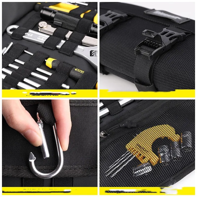 Motorcycle repair kit storage organiser in black, unfolded to show elastic straps and mesh zipper bag