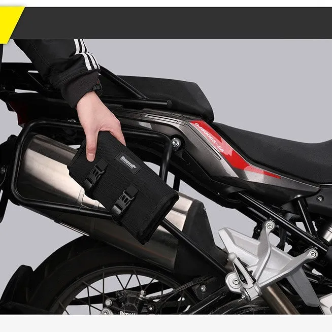 Motorcycle repair kit storage organiser in black, unfolded to show elastic straps and mesh zipper bag