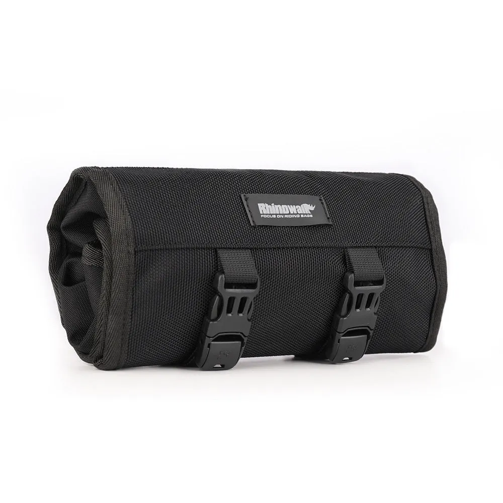 Motorcycle repair kit storage organiser in black, unfolded to show elastic straps and mesh zipper bag