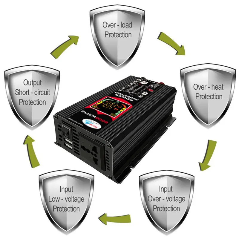 500W car inverter with dual USB ports, smart display, black, 16.5 x 11.2 x 5.6 cm