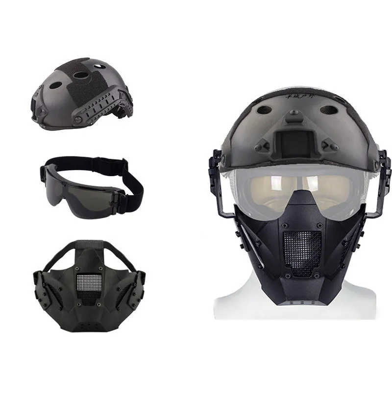 Iron Warrior half face mask in black with adjustable elastic band and helmet connectors