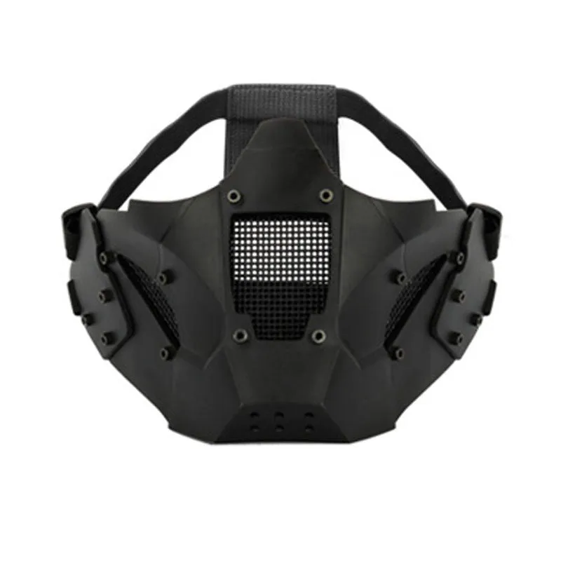 Iron Warrior half face mask in black with adjustable elastic band and helmet connectors