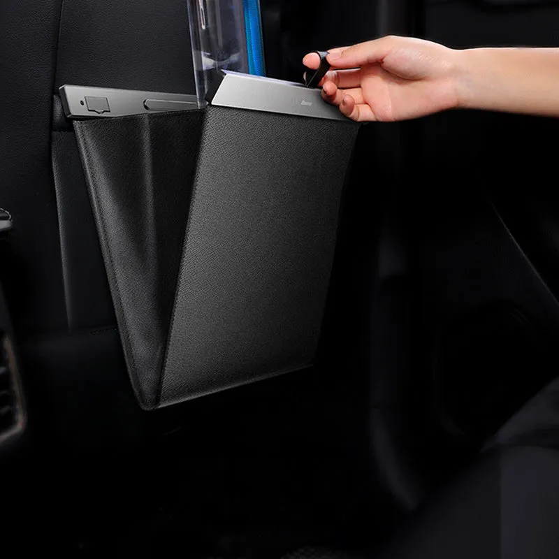 Black PVC car trash bag with magnetic closure, 360x290x45mm, for in-car suspension