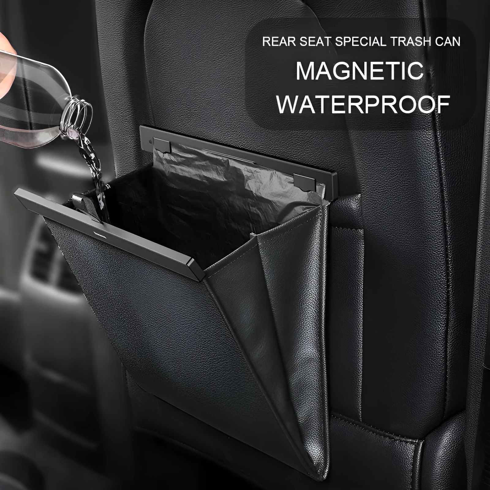 Black PVC car trash bag with magnetic closure, 360x290x45mm, for in-car suspension