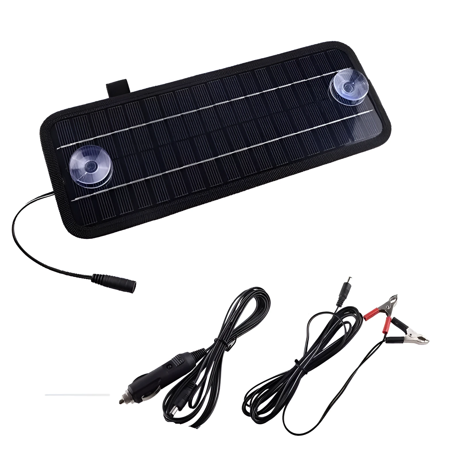 5W portable solar car battery charger with monocrystalline panel and elastic straps for sun visor mounting