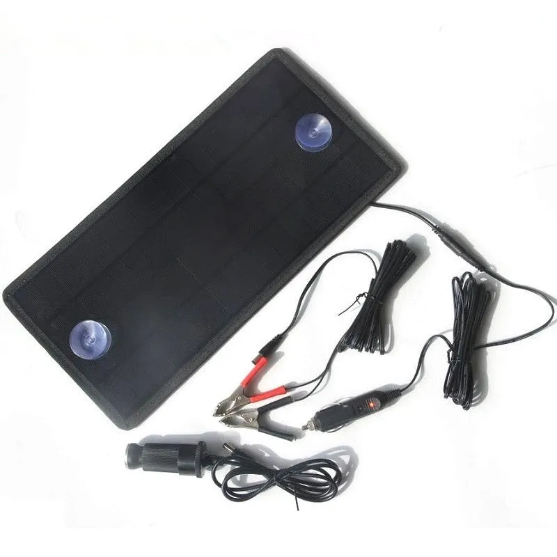 5W portable solar car battery charger with monocrystalline panel and elastic straps for sun visor mounting