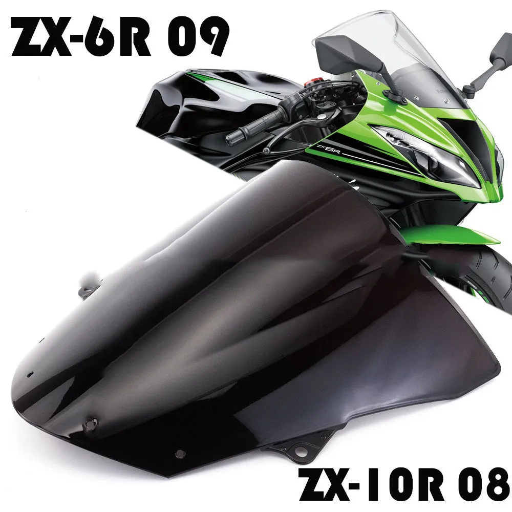 Blue and brown motorcycle windscreen for Kawasaki ZX-6R and ZX-10R sports bikes.