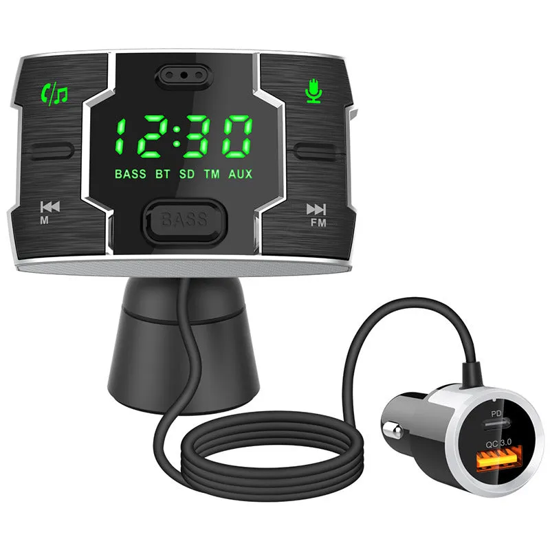 Black car FM transmitter music player with 1.2-inch display for Bluetooth streaming and MP3 playback
